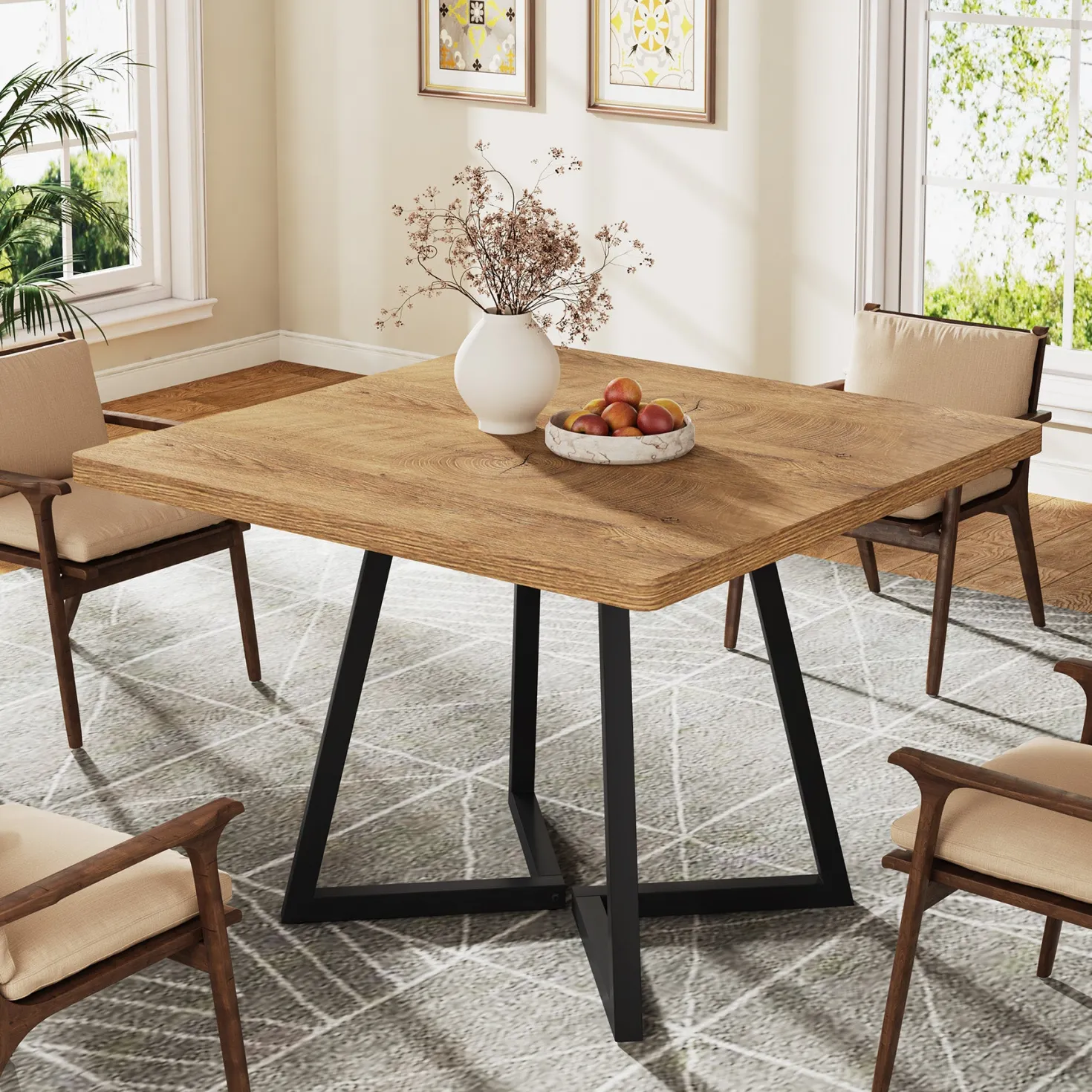 31.5" Square Dining Table, Wood Kitchen Table with Metal Legs for 4
