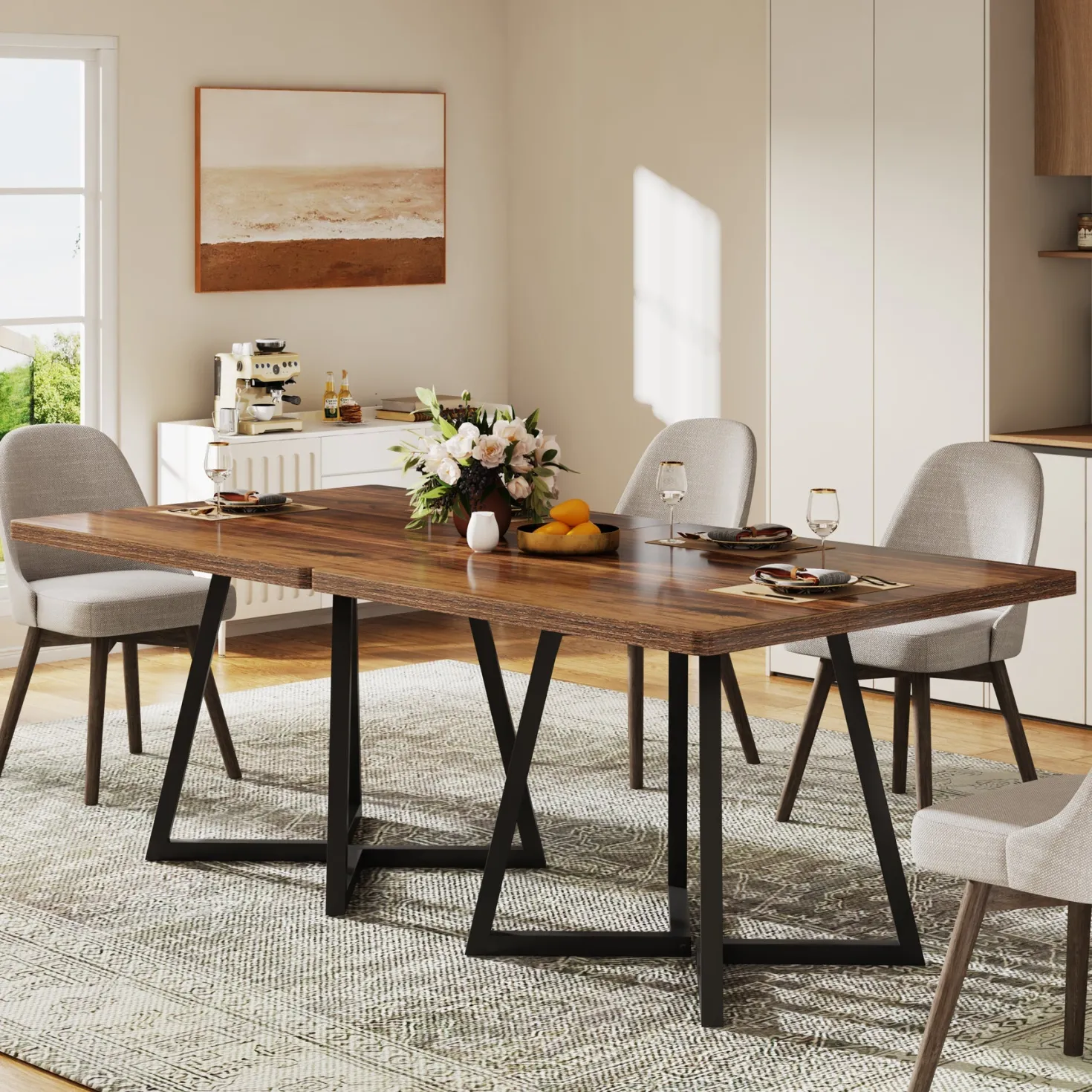 31.5" Square Dining Table, Wood Kitchen Table with Metal Legs for 4