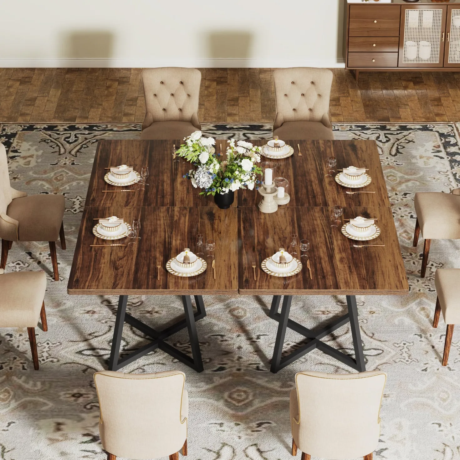 31.5" Square Dining Table, Wood Kitchen Table with Metal Legs for 4