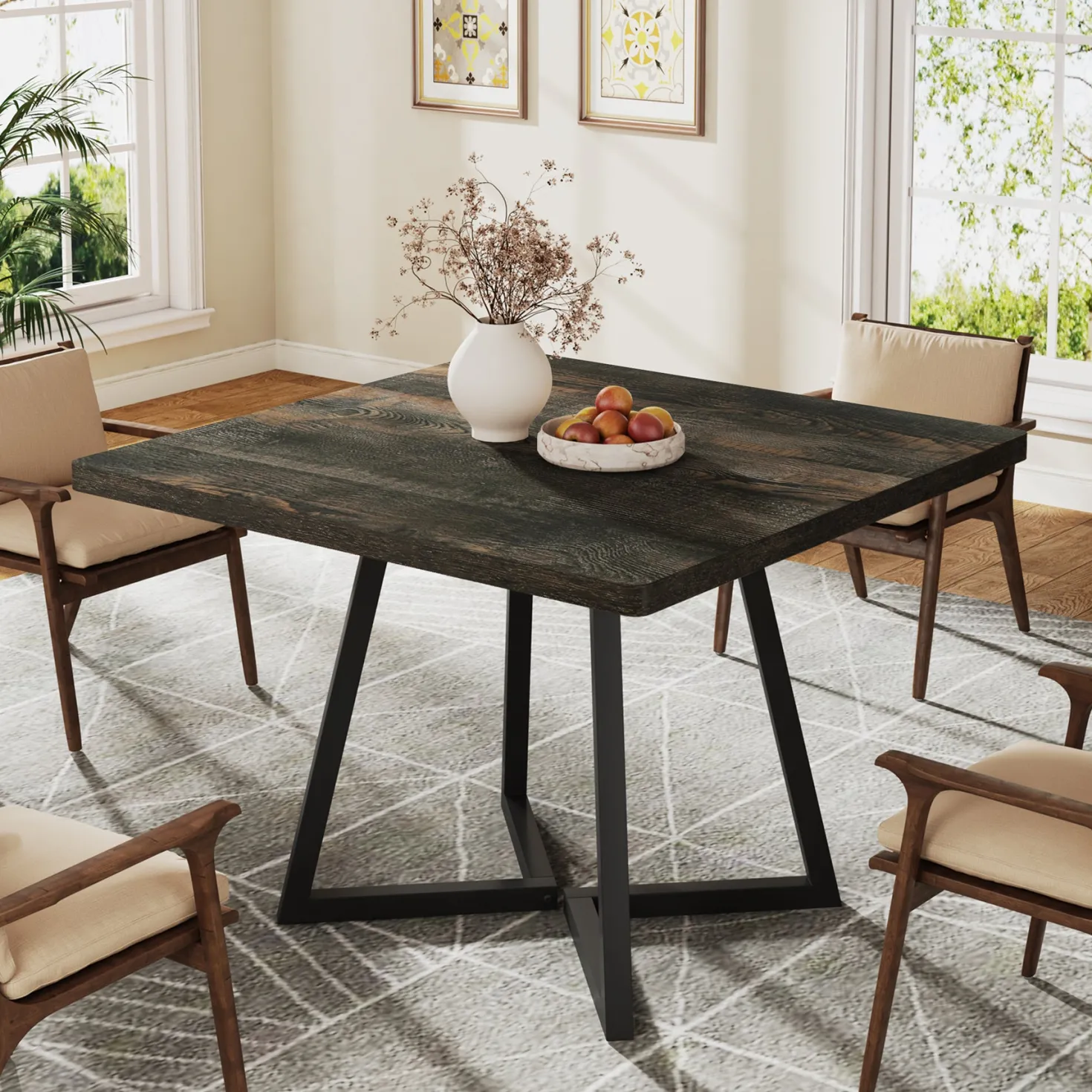 31.5" Square Dining Table, Wood Kitchen Table with Metal Legs for 4