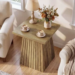 19.7" Square End Table, Modern Rustic Side Table with Fluted Base for Small Space