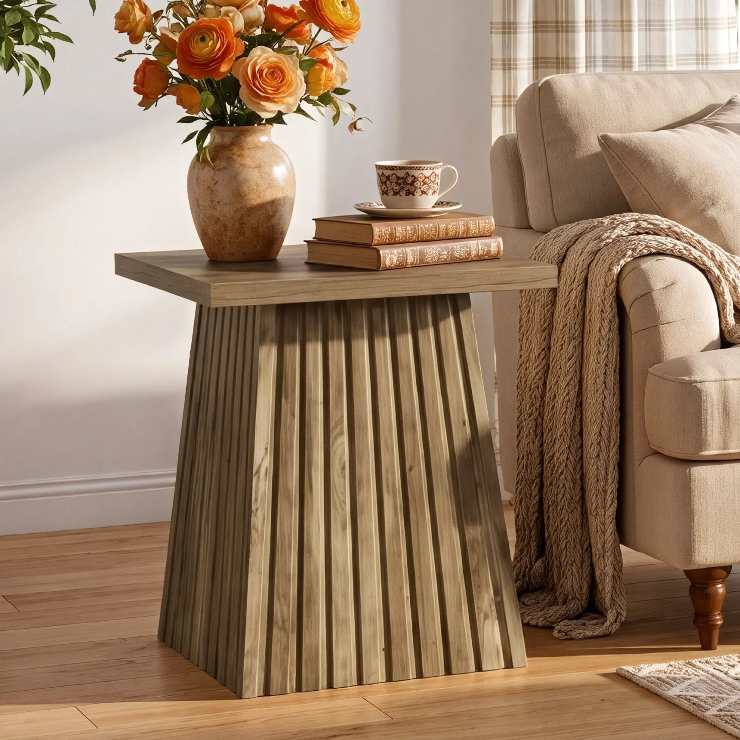 19.7" Square End Table, Modern Rustic Side Table with Fluted Base for Small Space