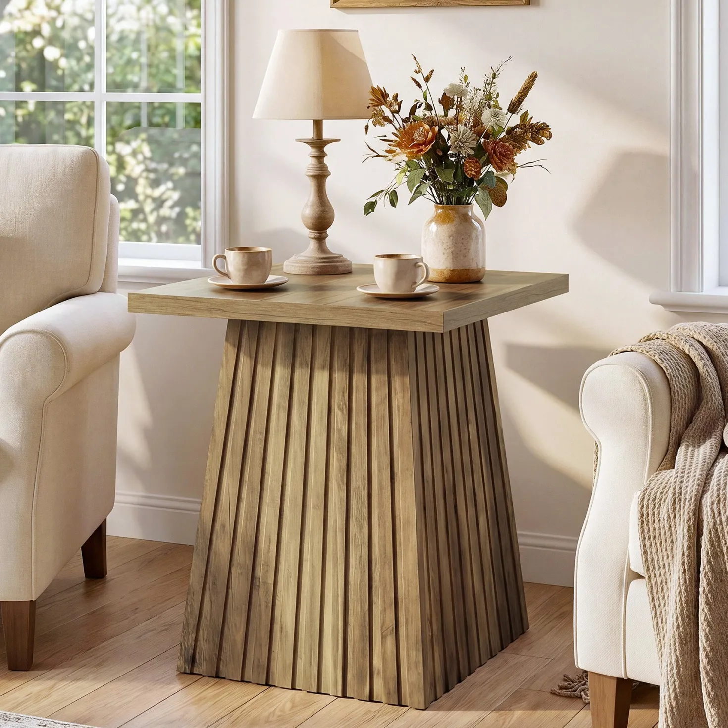 19.7" Square End Table, Modern Rustic Side Table with Fluted Base for Small Space