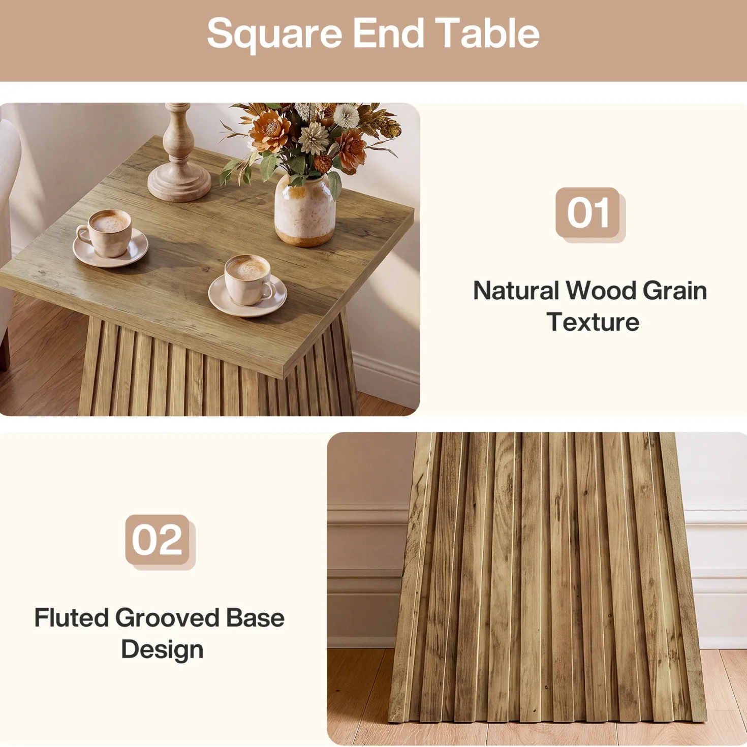 19.7" Square End Table, Modern Rustic Side Table with Fluted Base for Small Space