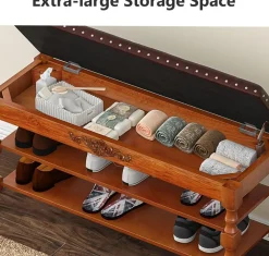 39" Storage Bench, Solid Wood Shoe Bench 8-10 Pair Shoe Organizer with Lift Top
