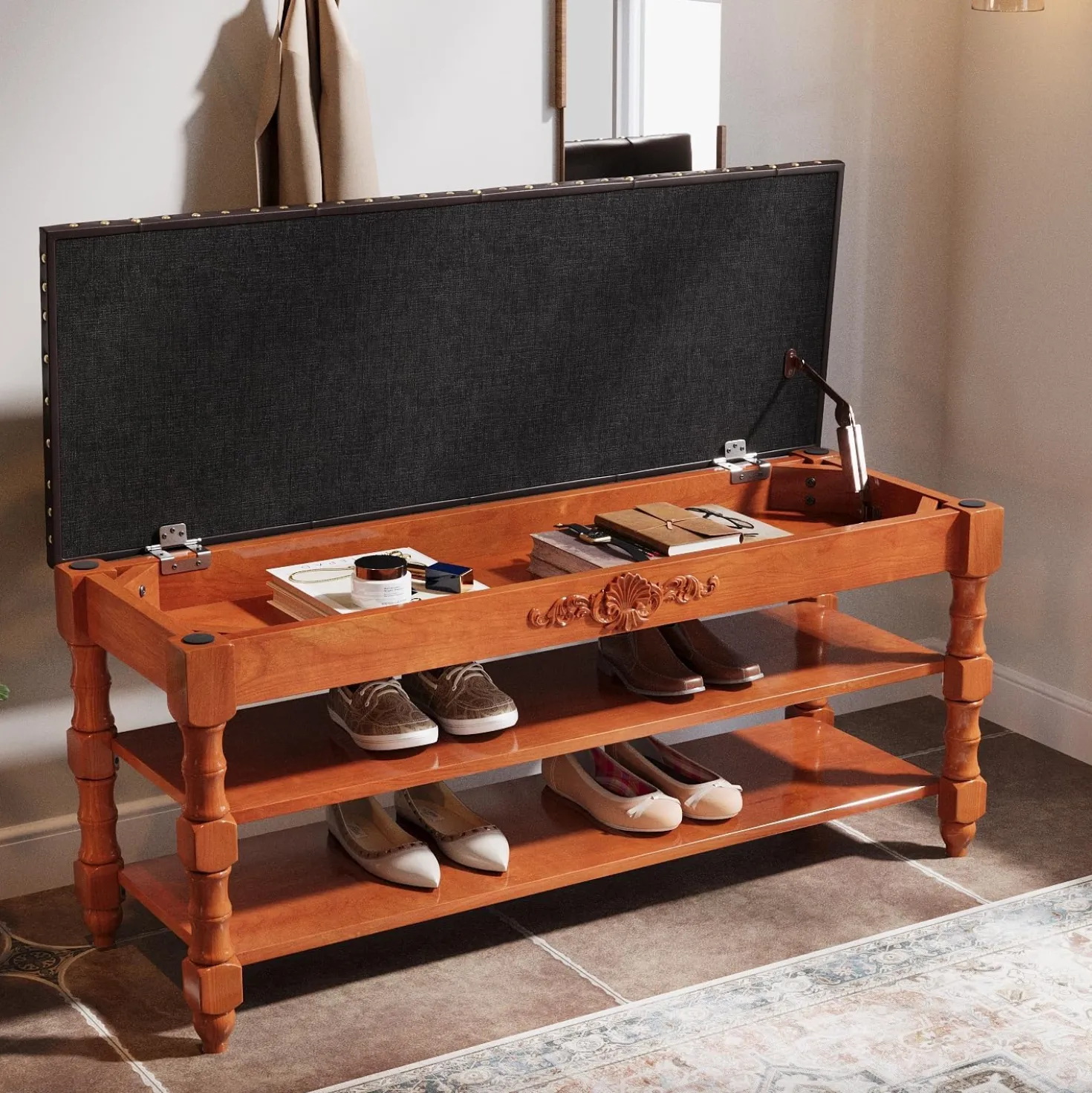 39" Storage Bench, Solid Wood Shoe Bench 8-10 Pair Shoe Organizer with Lift Top