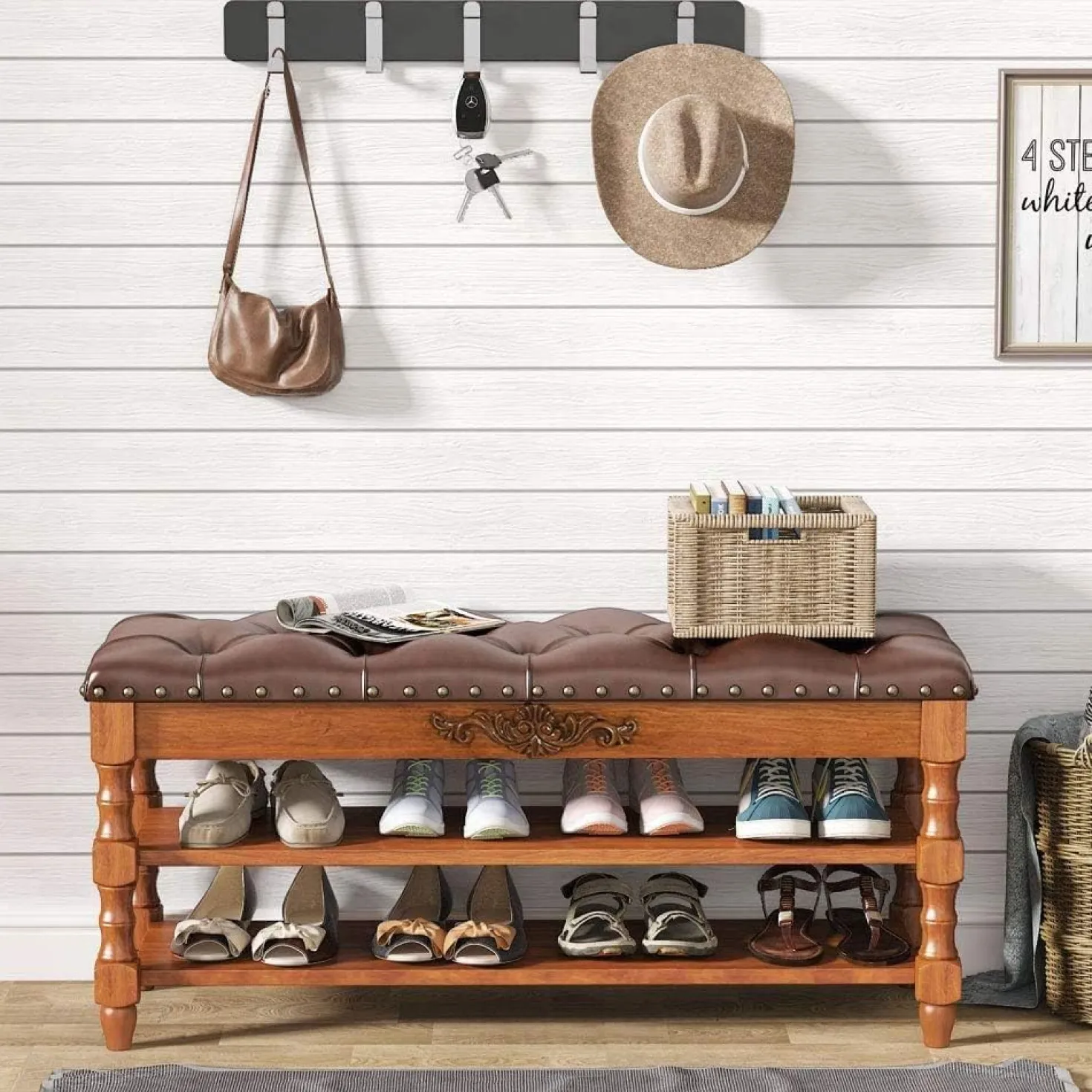 39" Storage Bench, Solid Wood Shoe Bench 8-10 Pair Shoe Organizer with Lift Top