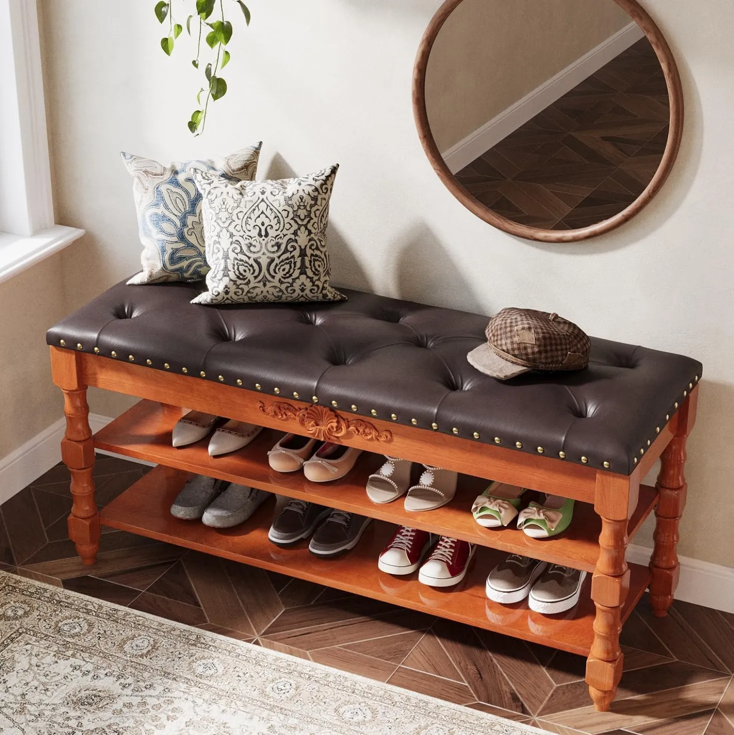 39" Storage Bench, Solid Wood Shoe Bench 8-10 Pair Shoe Organizer with Lift Top