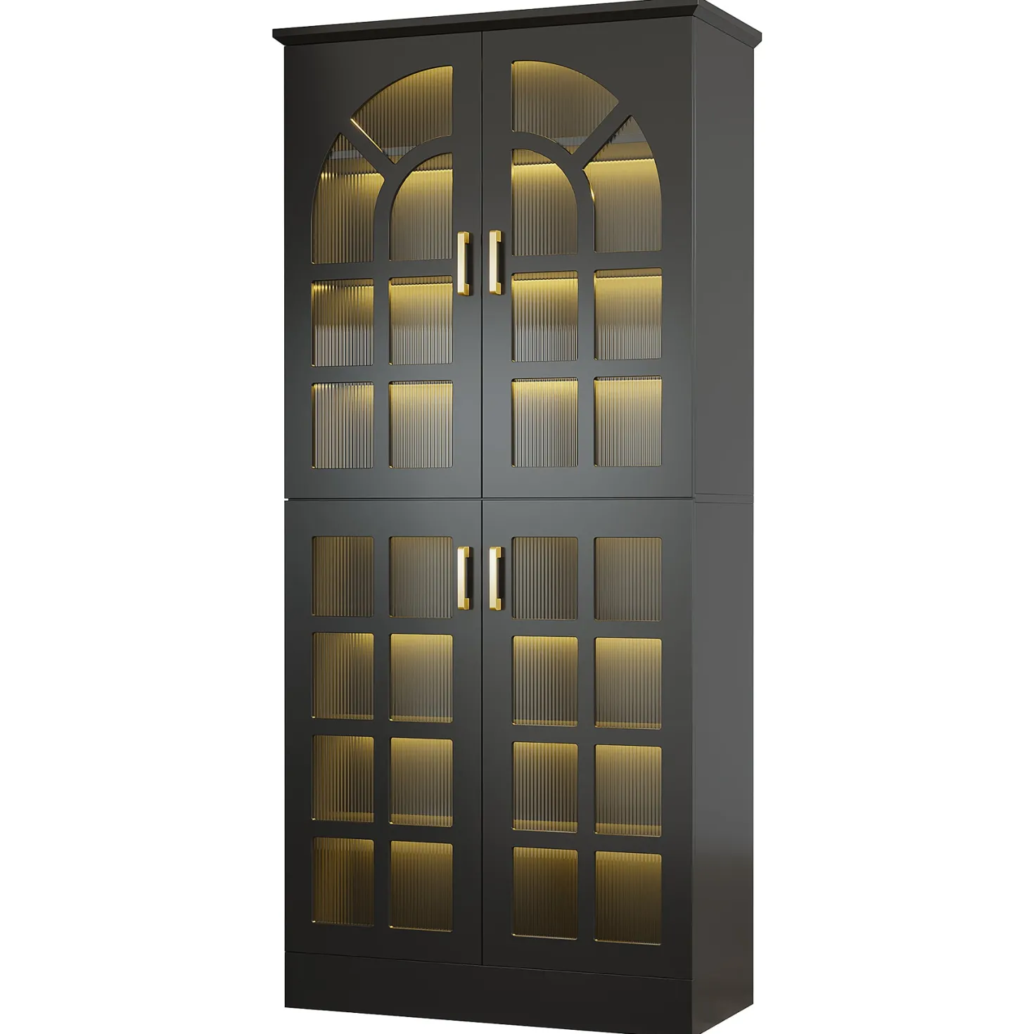 69" Storage Cabinet, Modern Bookcase with Doors and LED Lights