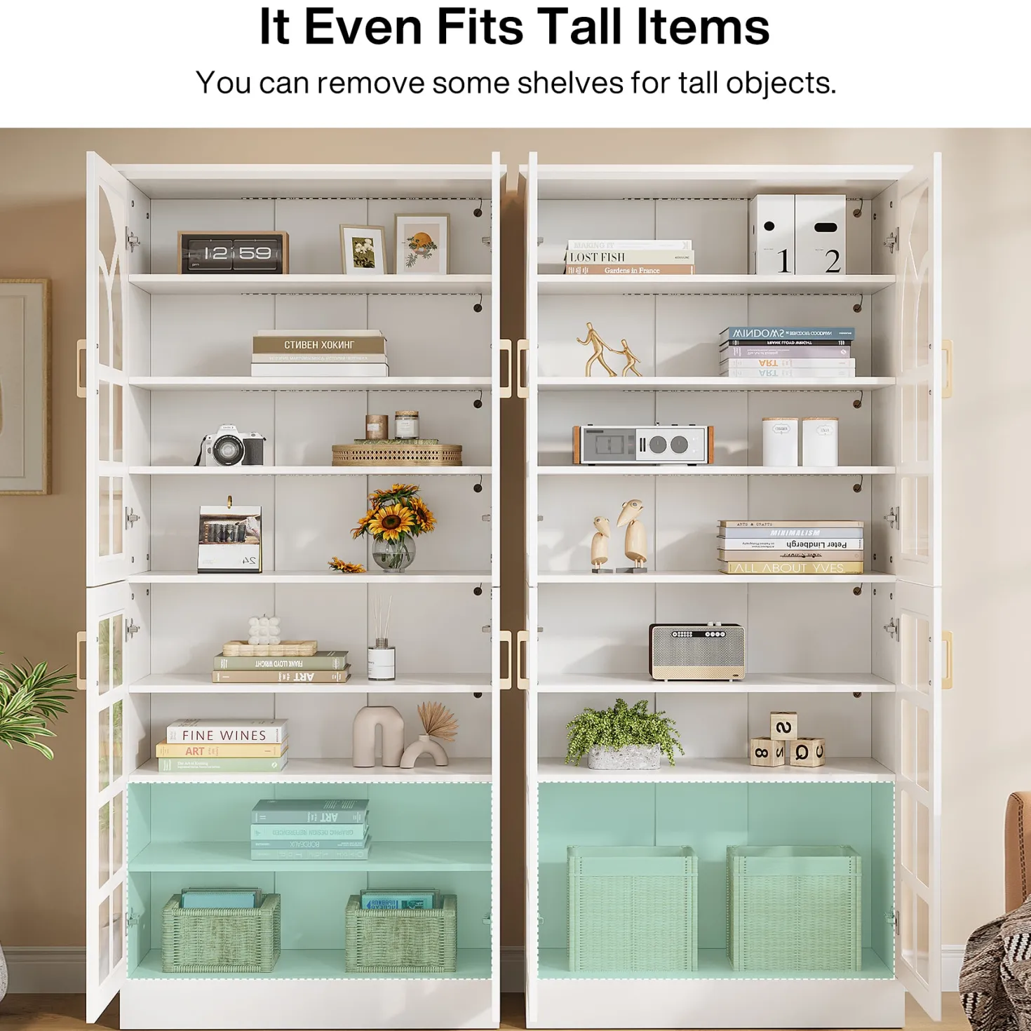 69" Storage Cabinet, Modern Bookcase with Doors and LED Lights