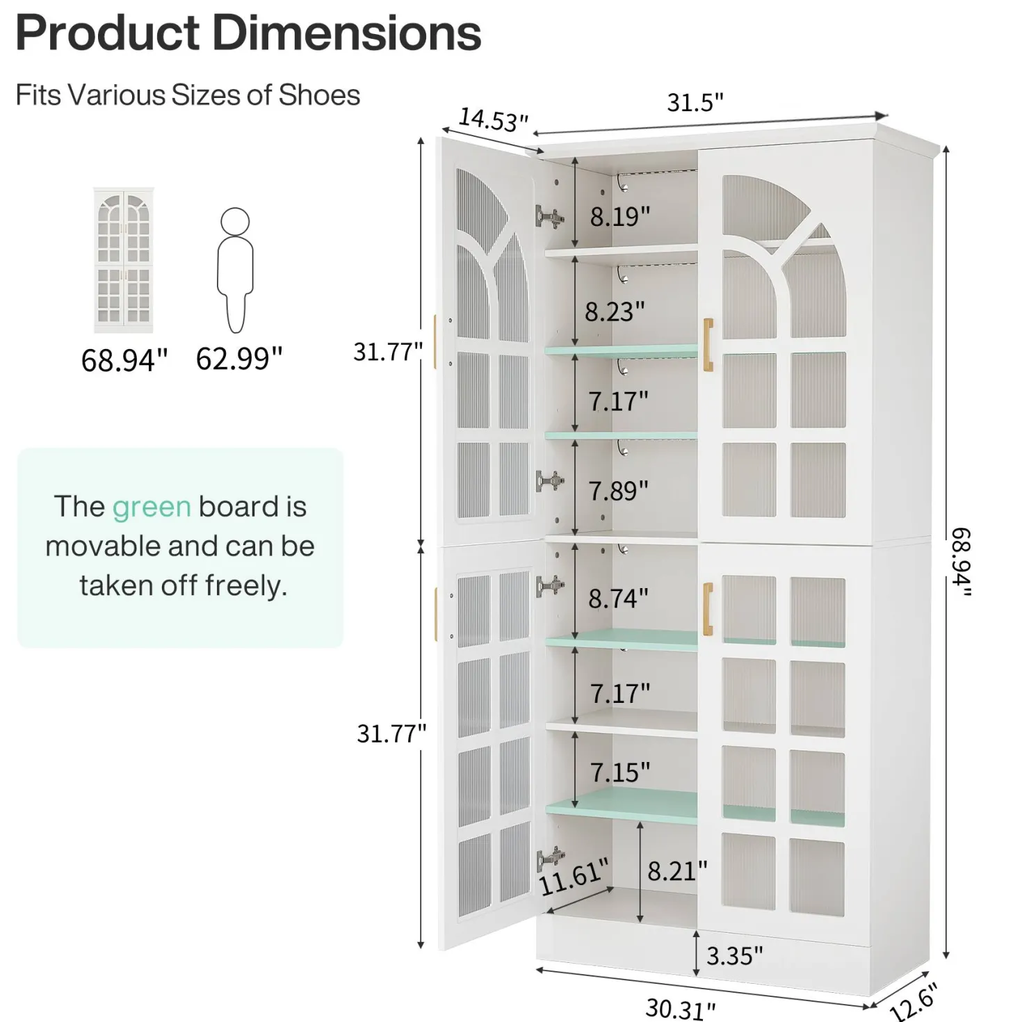 69" Storage Cabinet, Modern Bookcase with Doors and LED Lights