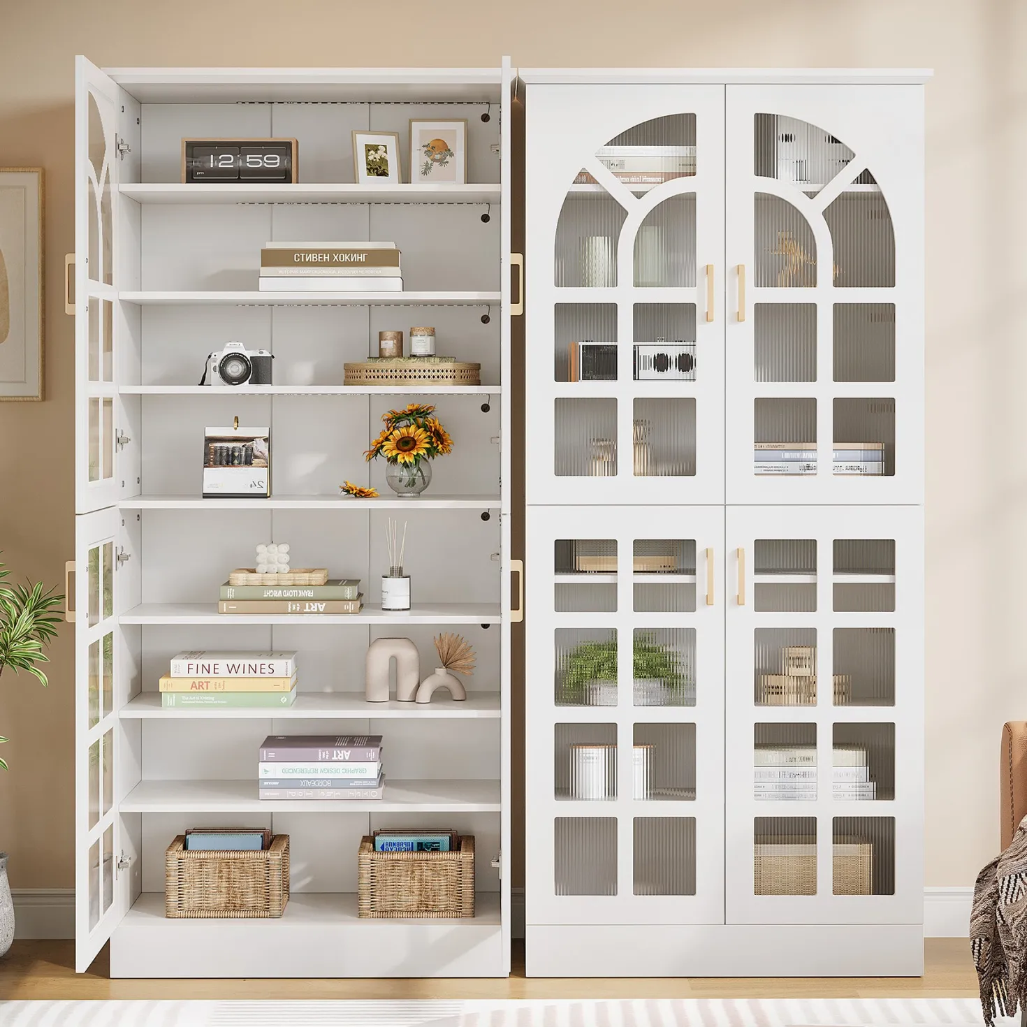 69" Storage Cabinet, Modern Bookcase with Doors and LED Lights