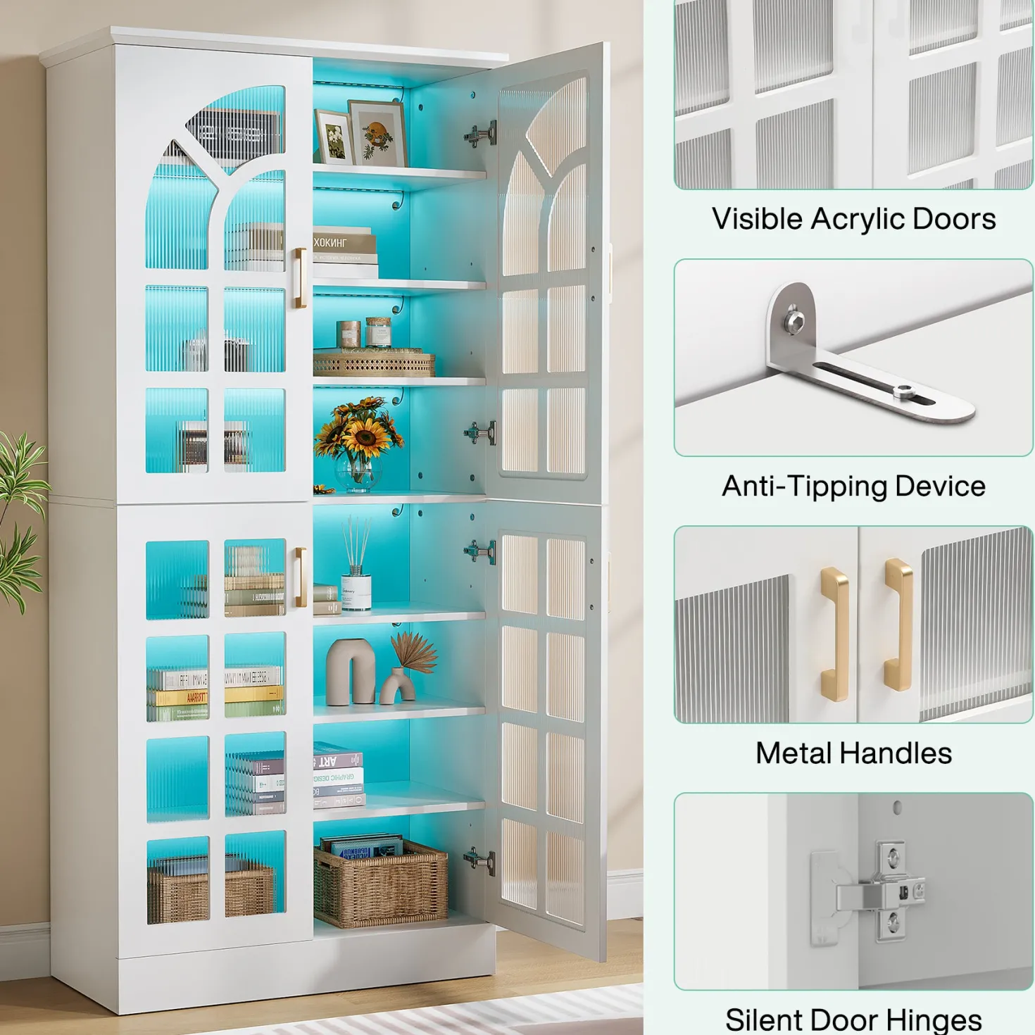69" Storage Cabinet, Modern Bookcase with Doors and LED Lights