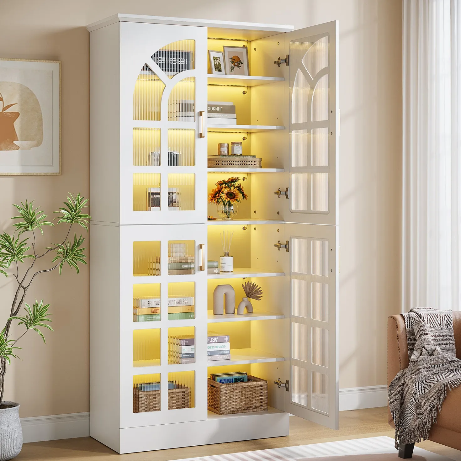 69" Storage Cabinet, Modern Bookcase with Doors and LED Lights