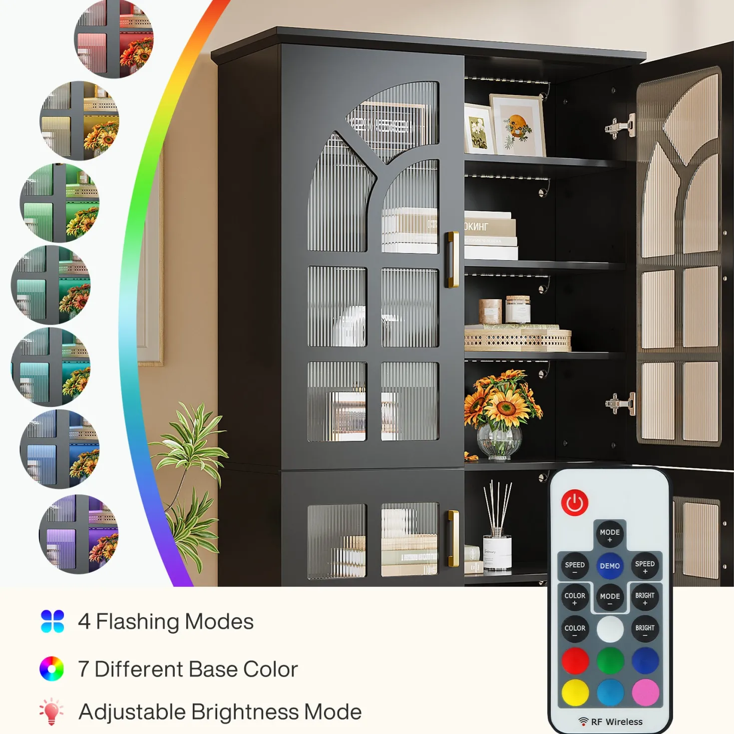 69" Storage Cabinet, Modern Bookcase with Doors and LED Lights