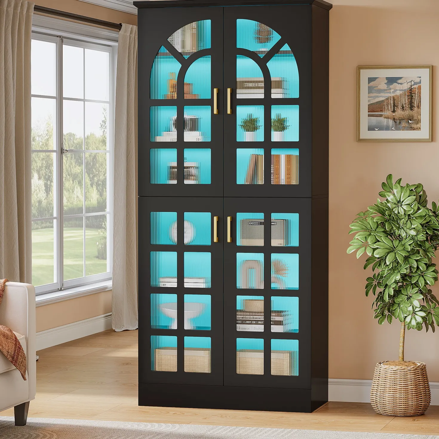 69" Storage Cabinet, Modern Bookcase with Doors and LED Lights