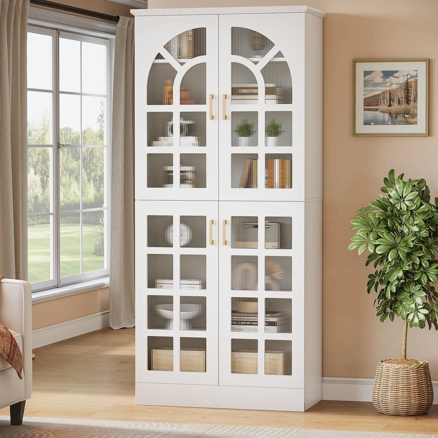 69" Storage Cabinet, Modern Bookcase with Doors and LED Lights