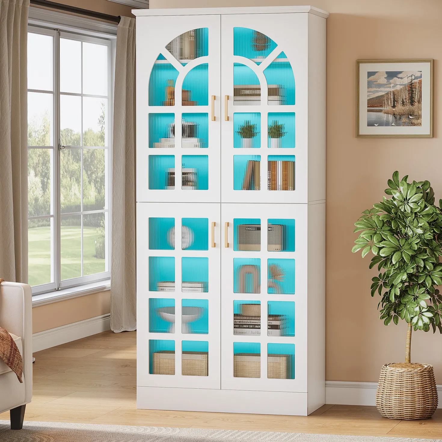 69" Storage Cabinet, Modern Bookcase with Doors and LED Lights
