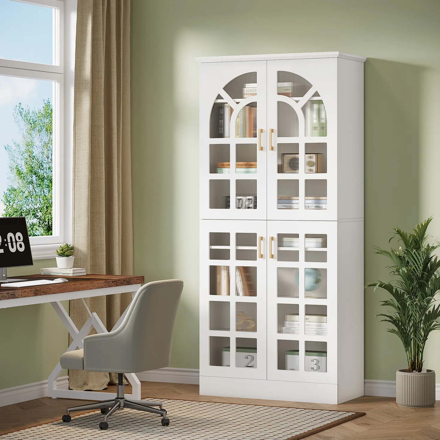 69" Storage Cabinet, Modern Bookcase with Doors and LED Lights