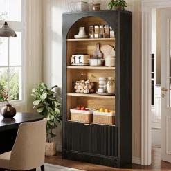 71" Tall Bookcase, 5-Tier Arched Bookshelf with Storage Cabinet and Fluted Doors