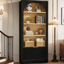 71" Tall Bookcase, 5-Tier Arched Bookshelf with Storage Cabinet and Fluted Doors