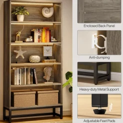 70.8" Tall Bookcase, 5-Tier Free-Standing Bookshelf Organizer with LED Lights