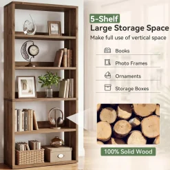 70.8" Tall Bookcase,5-Tier Solid Wood Bookshelf Display Rack for Living Room