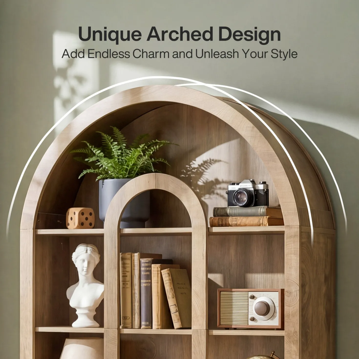 70.87" Tall Bookshelf, 5-Tier Arched Bookcase with Open Shelves for Living Room
