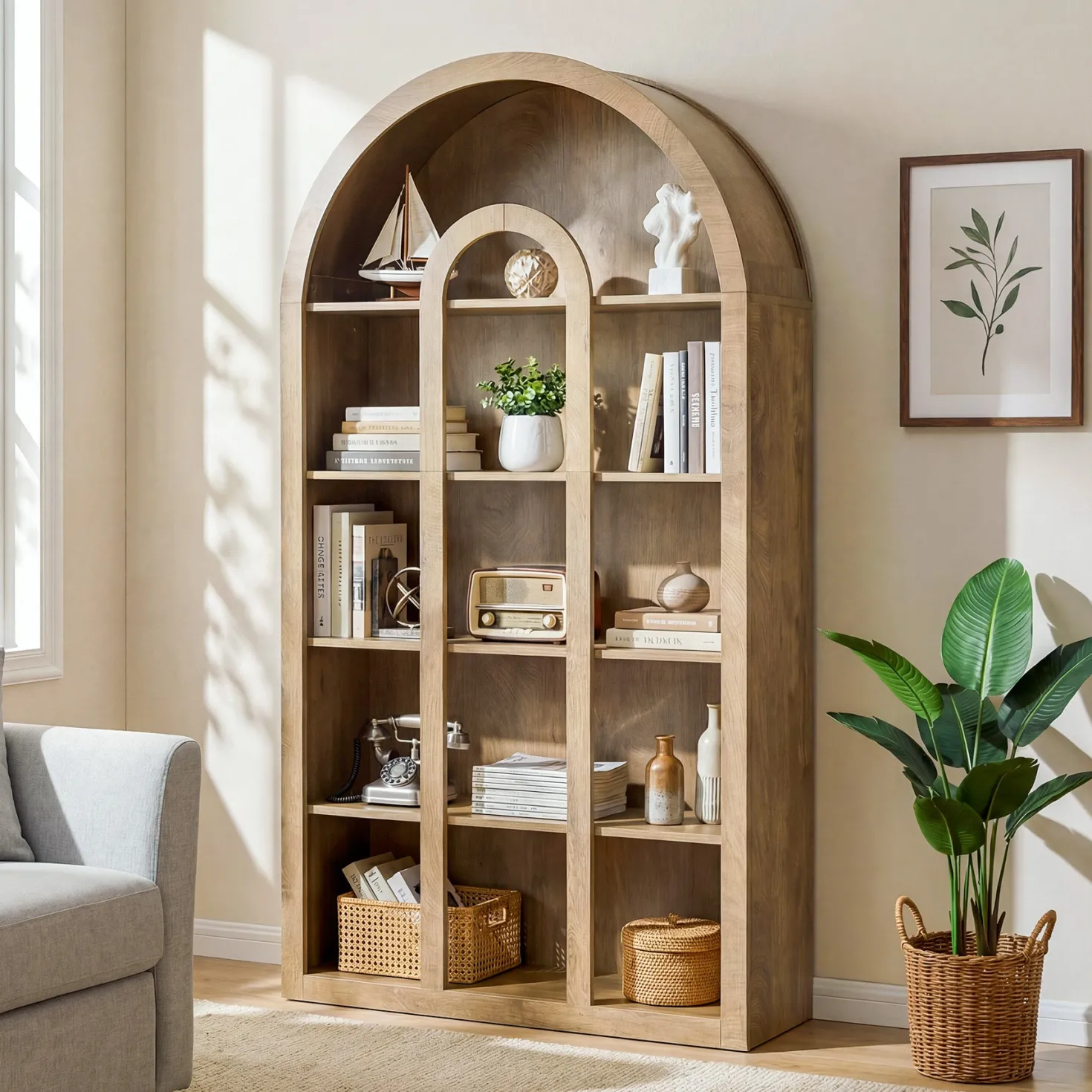 70.87" Tall Bookshelf, 5-Tier Arched Bookcase with Open Shelves for Living Room