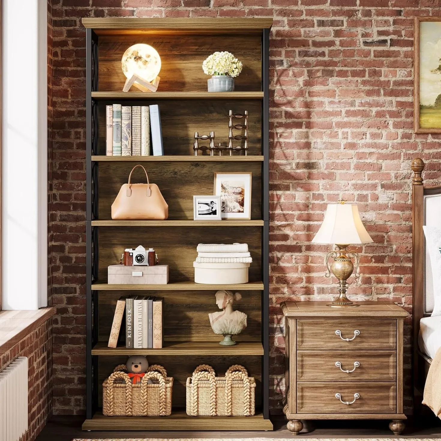 72" Tall Bookshelf, 6-Tier Industrial Etagere Bookcase with Open Storage Shelves