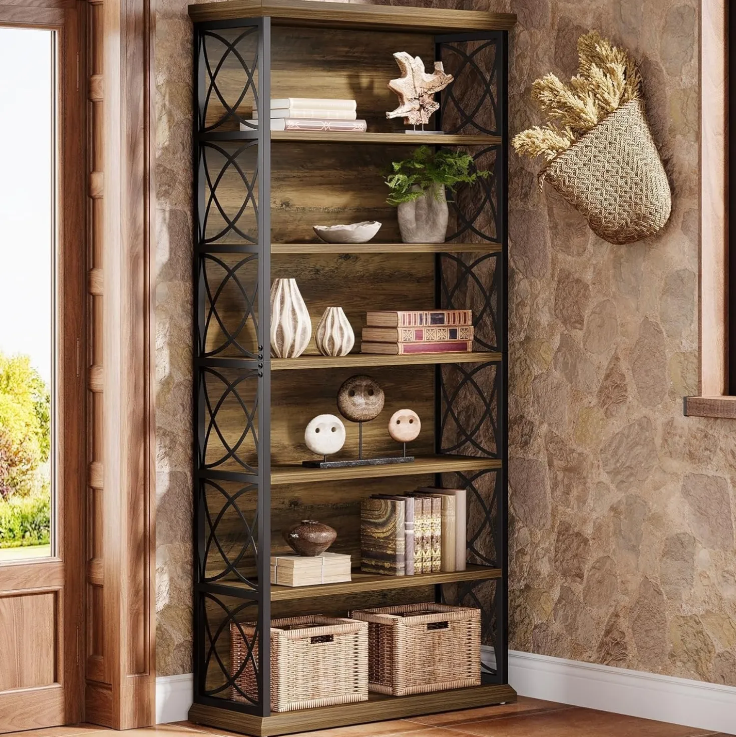 72" Tall Bookshelf, 6-Tier Industrial Etagere Bookcase with Open Storage Shelves