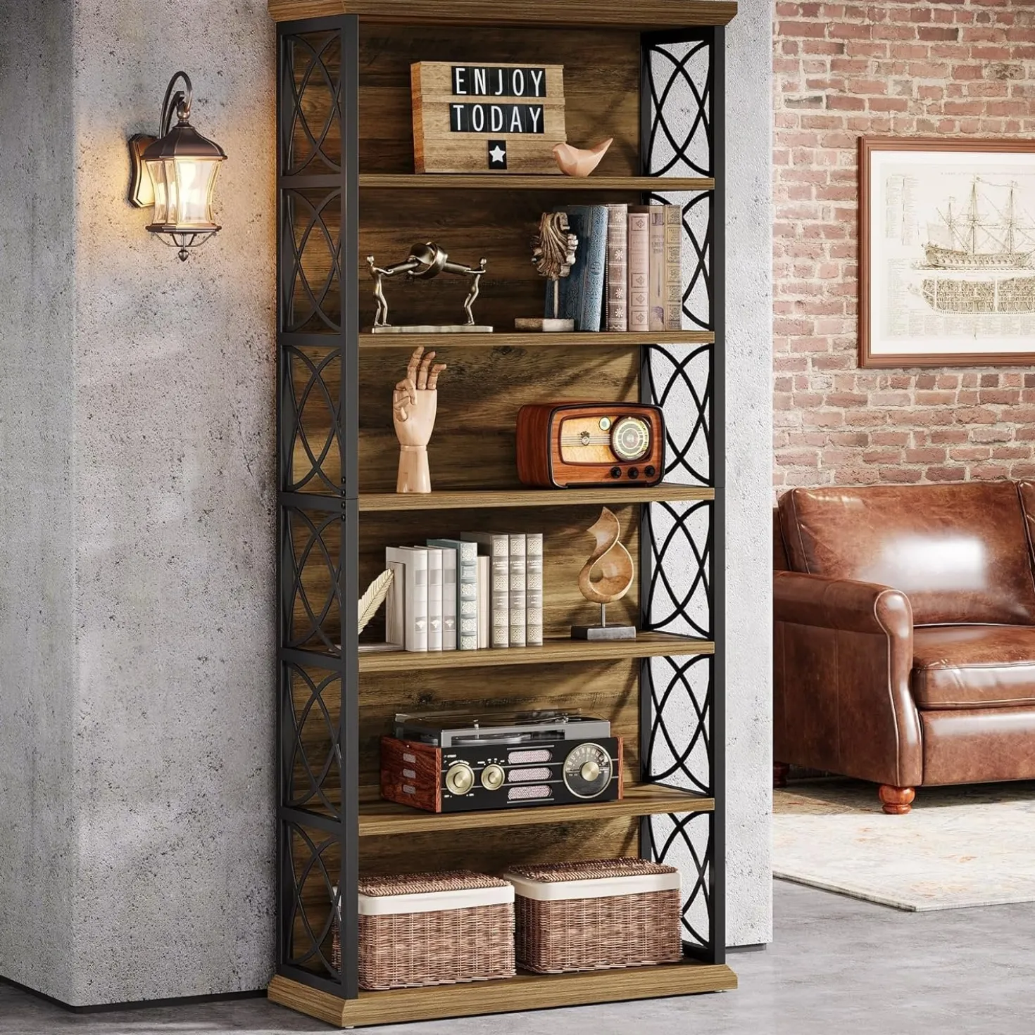 72" Tall Bookshelf, 6-Tier Industrial Etagere Bookcase with Open Storage Shelves