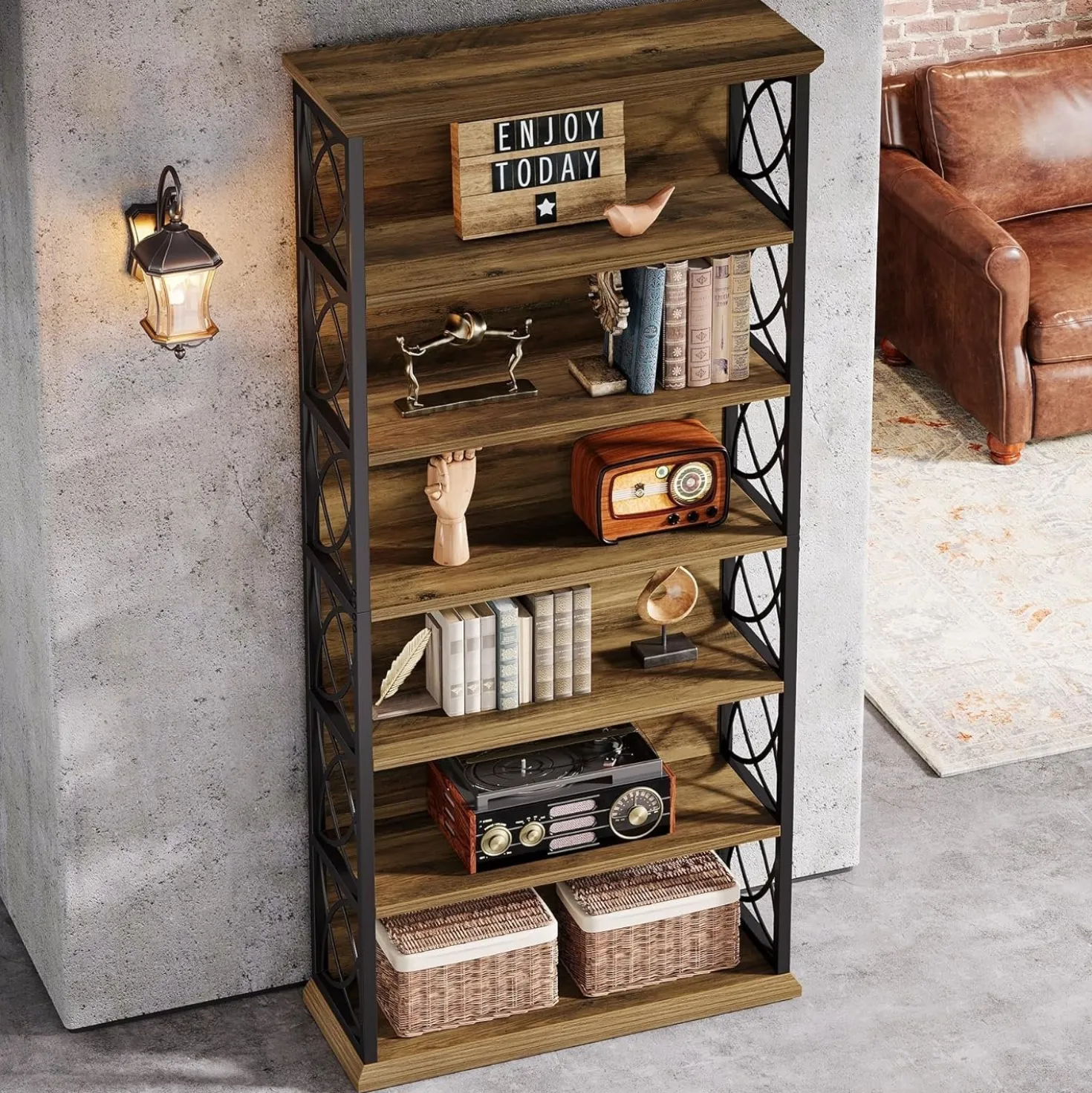 72" Tall Bookshelf, 6-Tier Industrial Etagere Bookcase with Open Storage Shelves