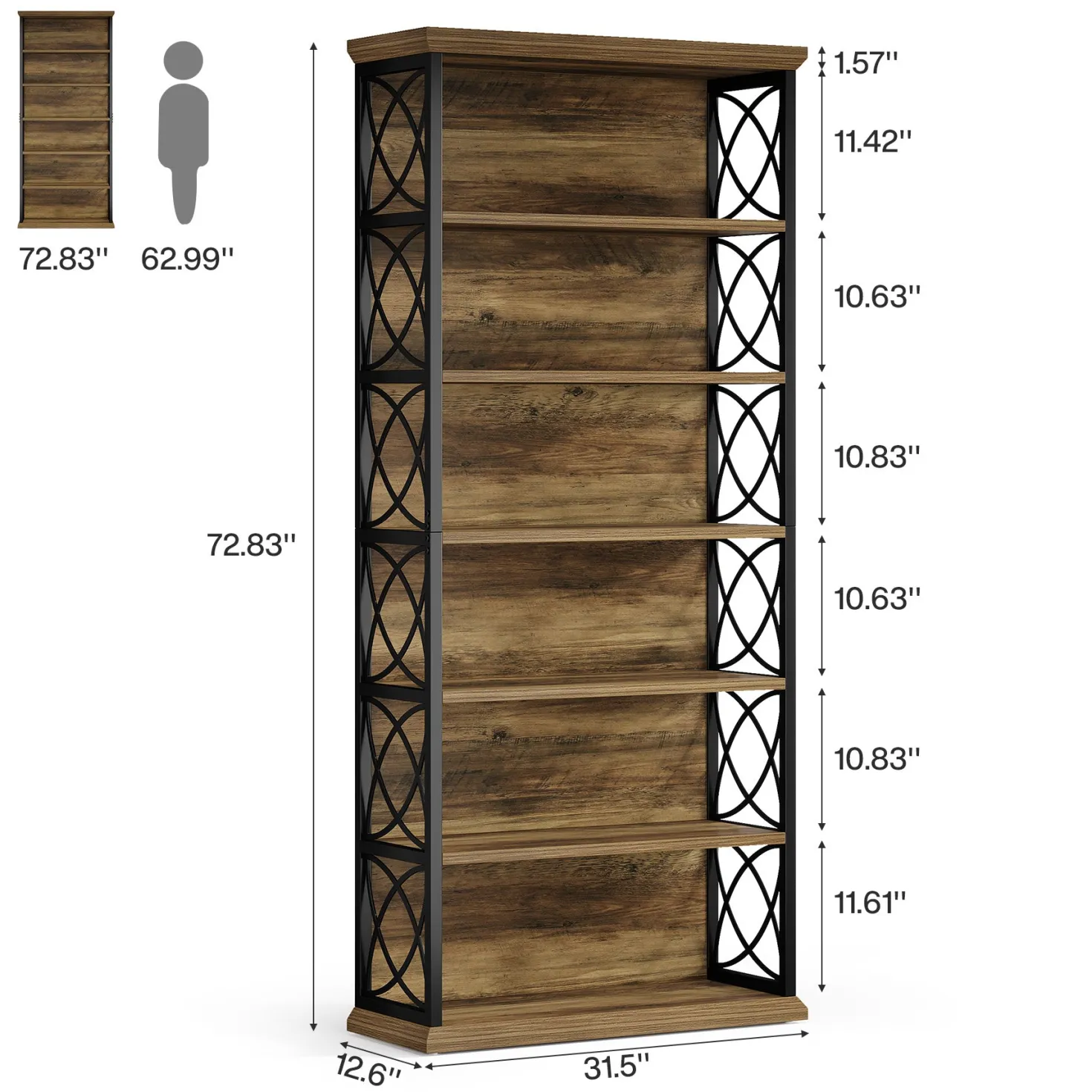 72" Tall Bookshelf, 6-Tier Industrial Etagere Bookcase with Open Storage Shelves