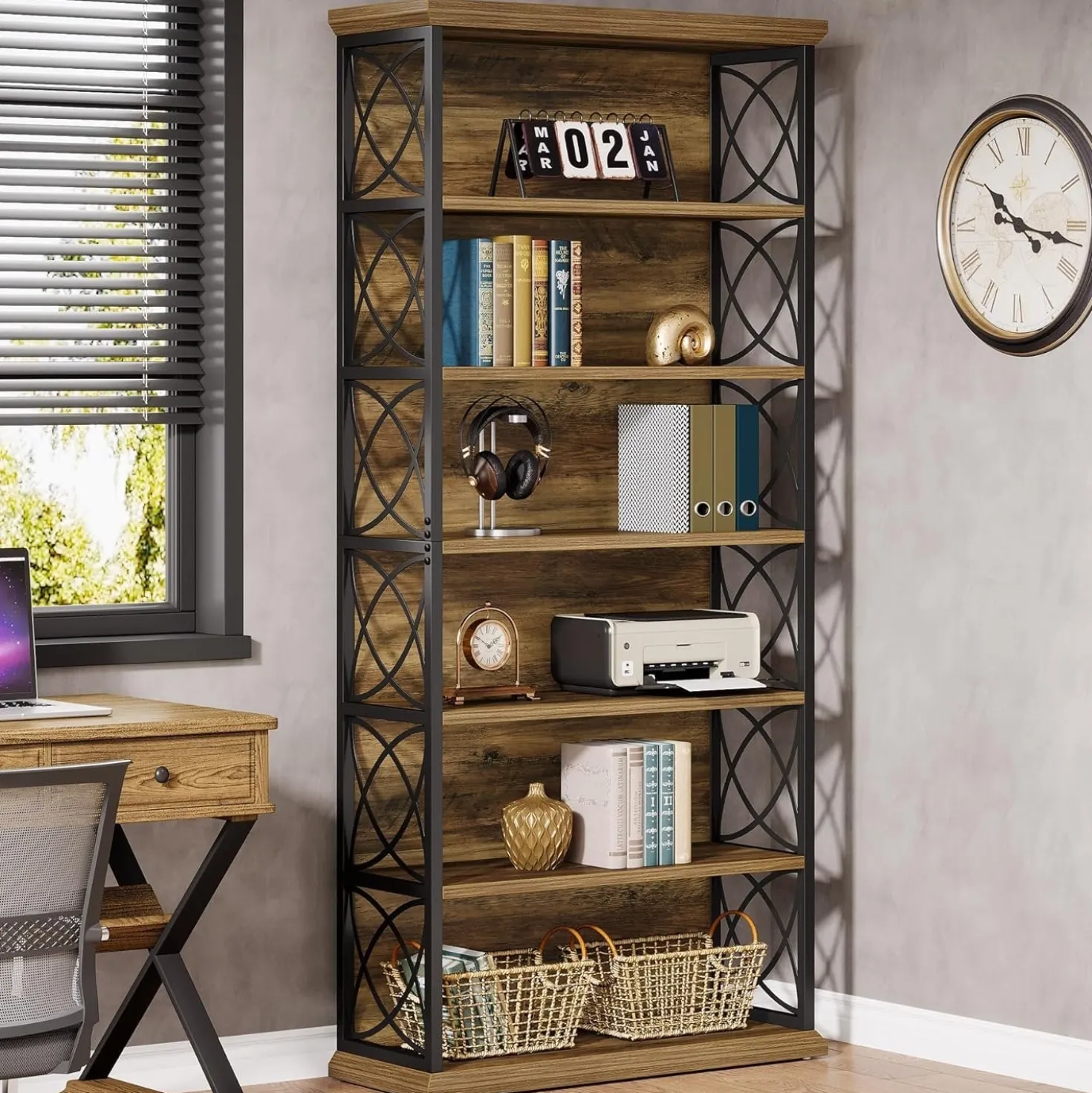 72" Tall Bookshelf, 6-Tier Industrial Etagere Bookcase with Open Storage Shelves