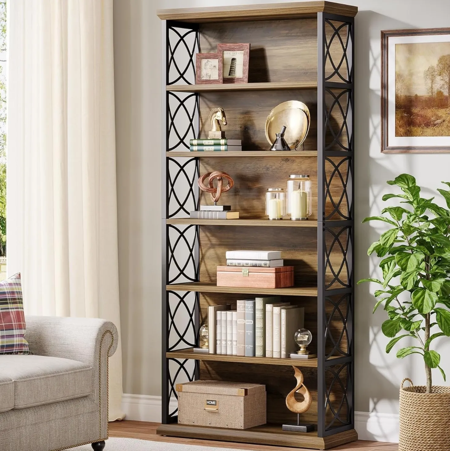 72" Tall Bookshelf, 6-Tier Industrial Etagere Bookcase with Open Storage Shelves