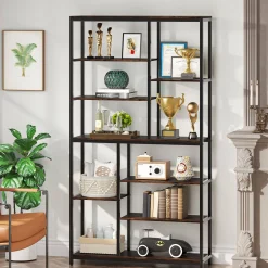 79" Tall Bookshelf, 8-Tier Staggered Etagere Bookcase Shelving Unit