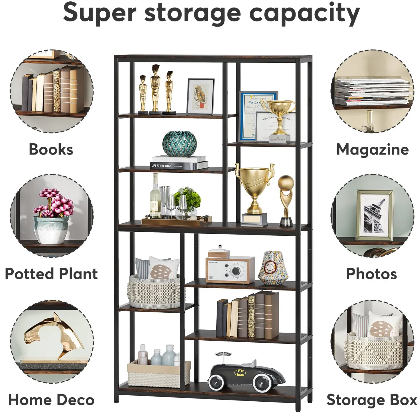 79" Tall Bookshelf, 8-Tier Staggered Etagere Bookcase Shelving Unit