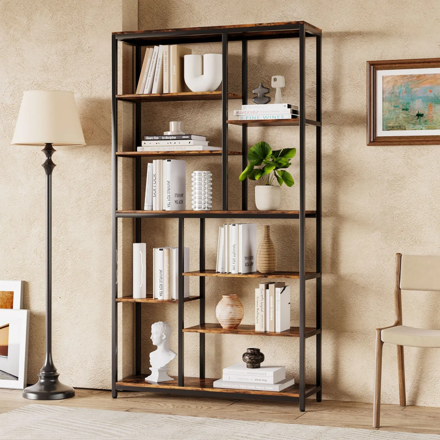 79" Tall Bookshelf, 8-Tier Staggered Etagere Bookcase Shelving Unit