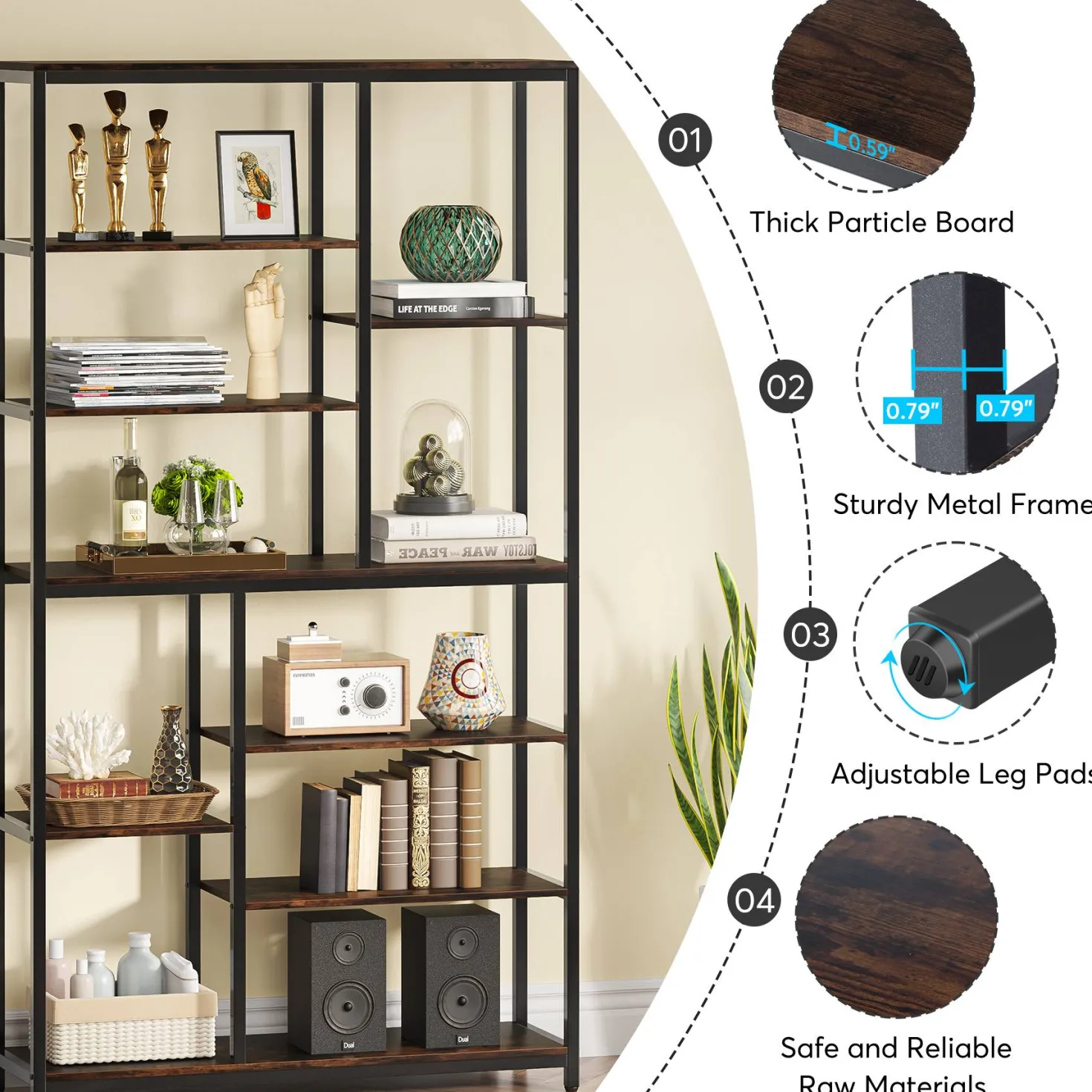 79" Tall Bookshelf, 8-Tier Staggered Etagere Bookcase Shelving Unit