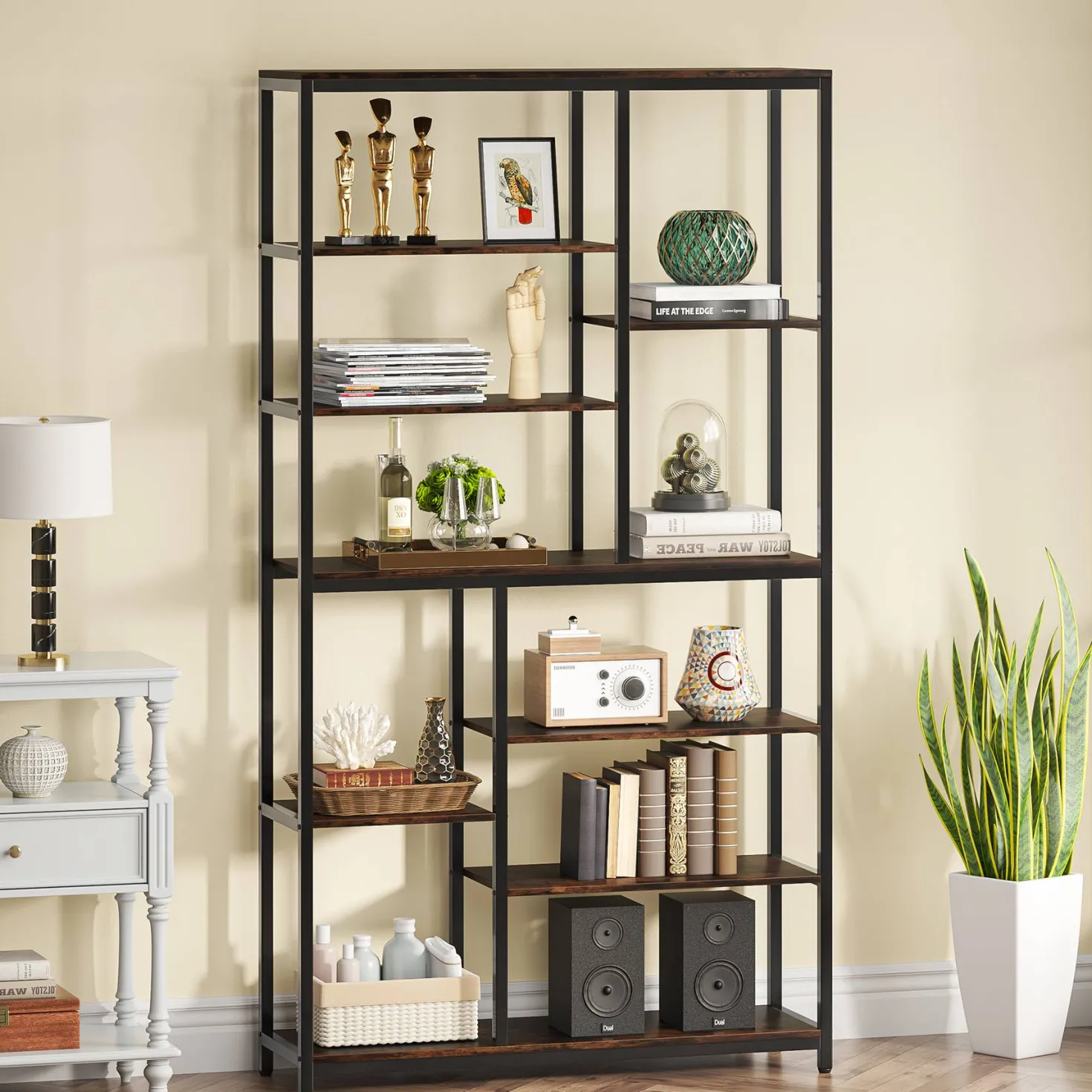 79" Tall Bookshelf, 8-Tier Staggered Etagere Bookcase Shelving Unit