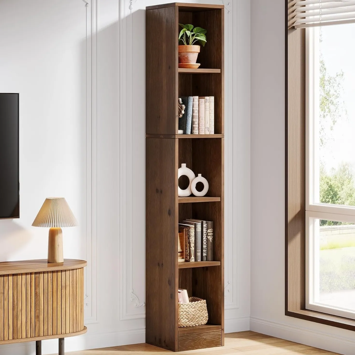 70.9" Tall Bookshelf, 5-Tier Wood Corner Bookcase Display Shelves for Home Office