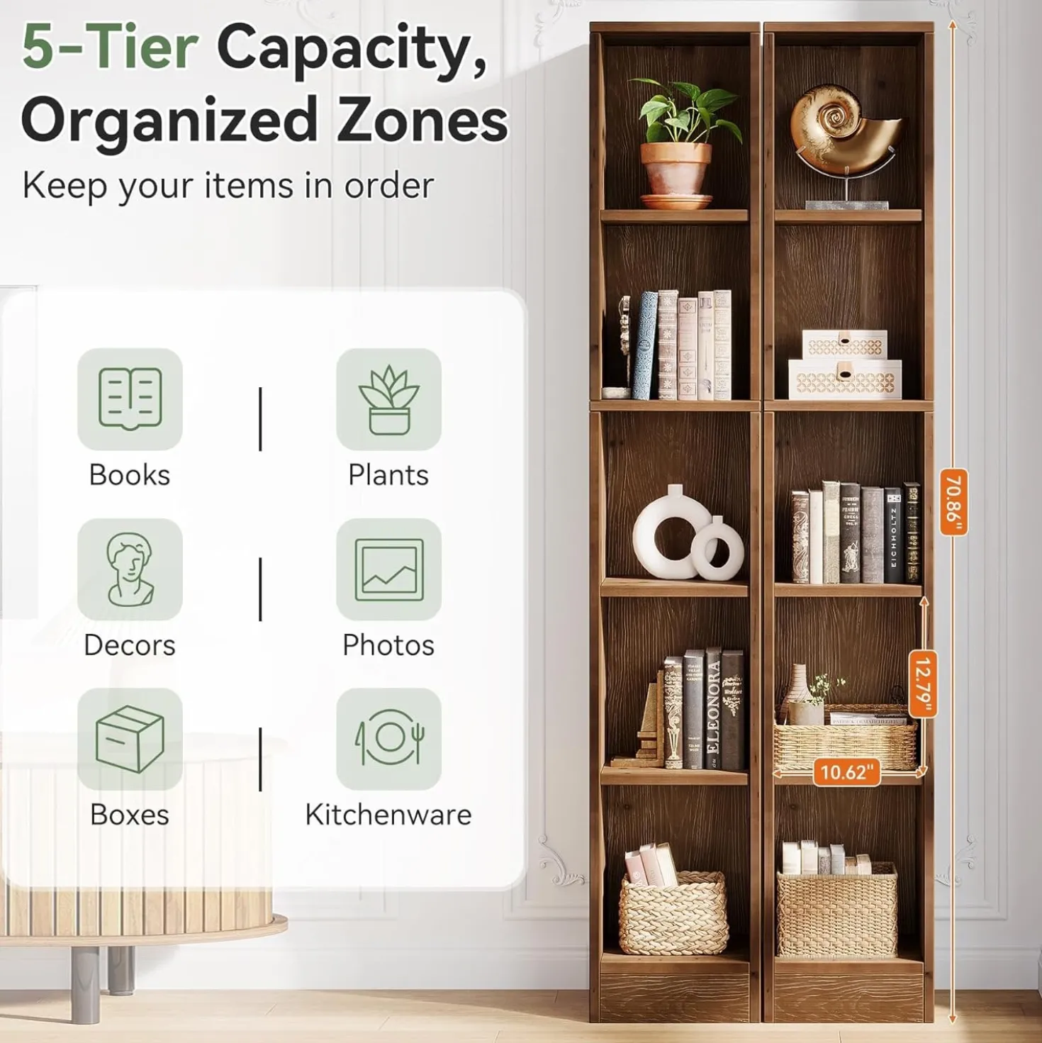 70.9" Tall Bookshelf, 5-Tier Wood Corner Bookcase Display Shelves for Home Office