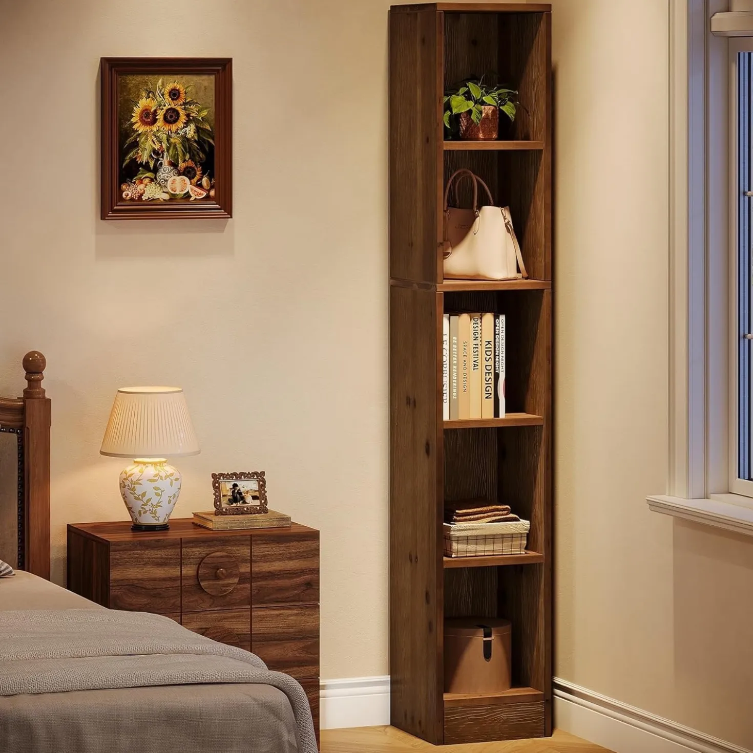 70.9" Tall Bookshelf, 5-Tier Wood Corner Bookcase Display Shelves for Home Office