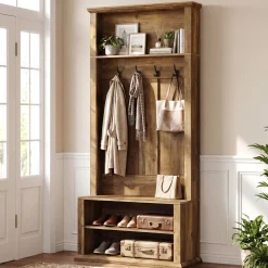 70.89" Tall Hall Tree, Entryway Coat Rack with Bench and Shoe Storage