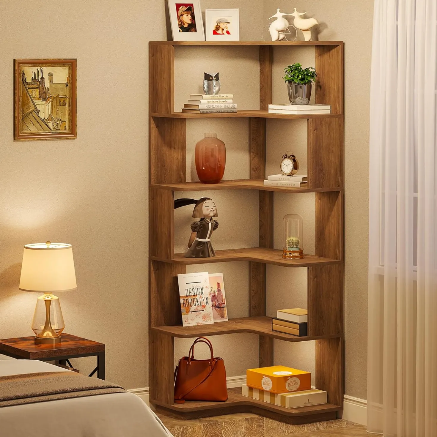 65" Tall L-Shaped Bookshelf, 6-Tier Corner Bookcase Display Rack with Anti-Drop Panel