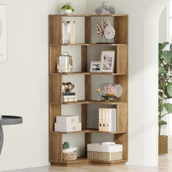 65" Tall L-Shaped Bookshelf, 6-Tier Corner Bookcase Display Rack with Anti-Drop Panel