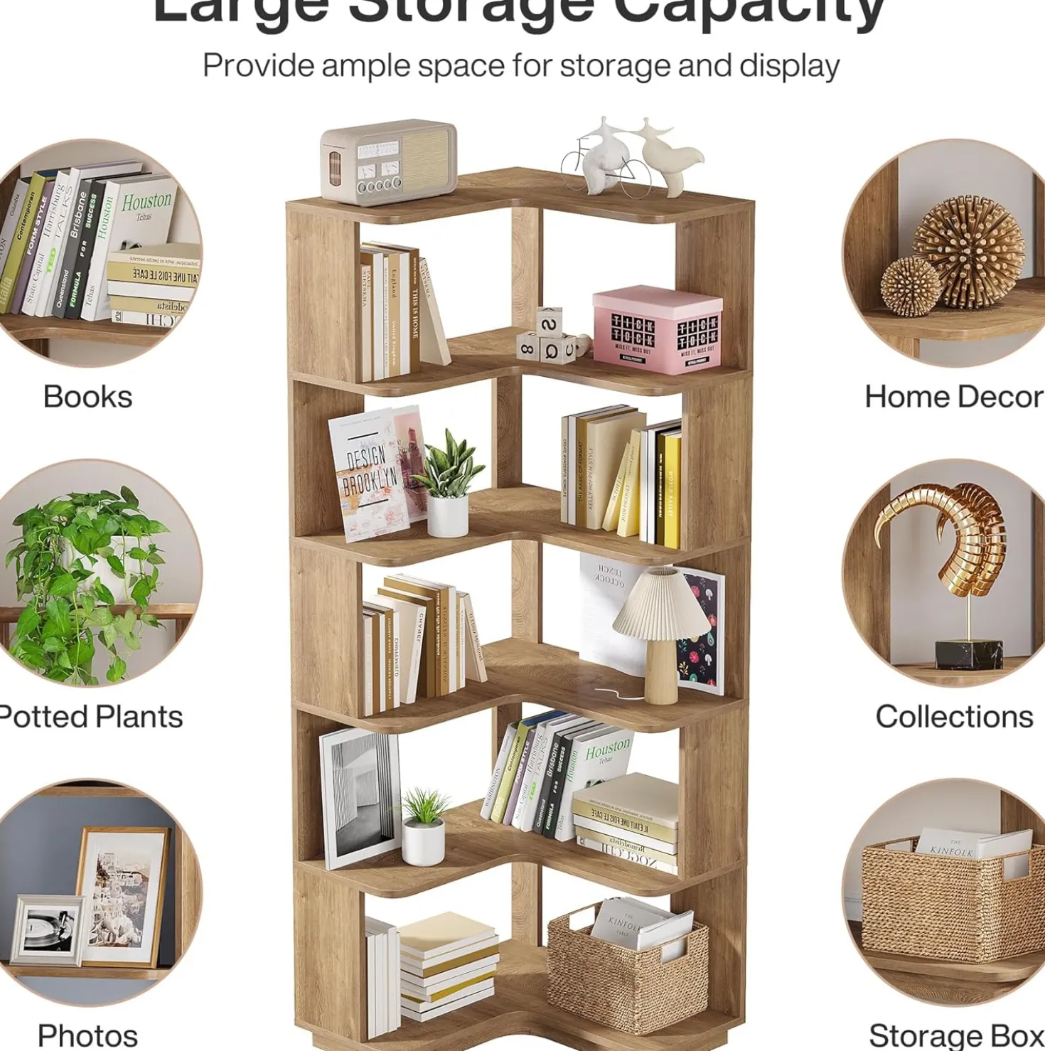 65" Tall L-Shaped Bookshelf, 6-Tier Corner Bookcase Display Rack with Anti-Drop Panel