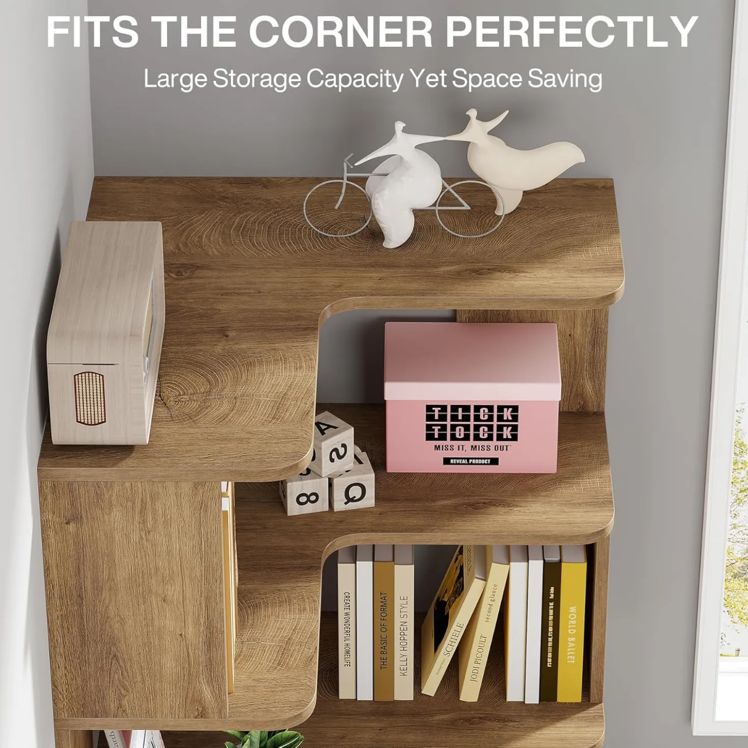 65" Tall L-Shaped Bookshelf, 6-Tier Corner Bookcase Display Rack with Anti-Drop Panel