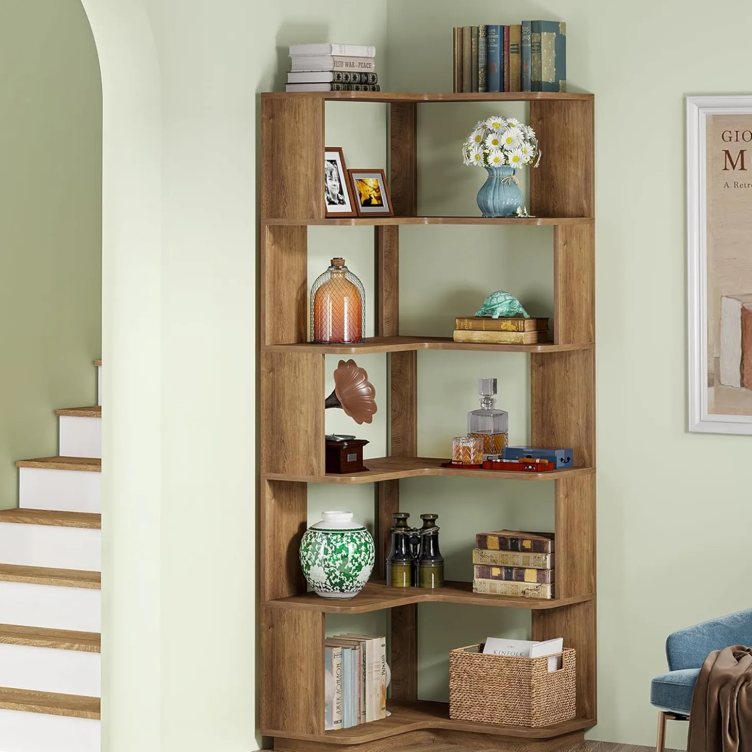 65" Tall L-Shaped Bookshelf, 6-Tier Corner Bookcase Display Rack with Anti-Drop Panel